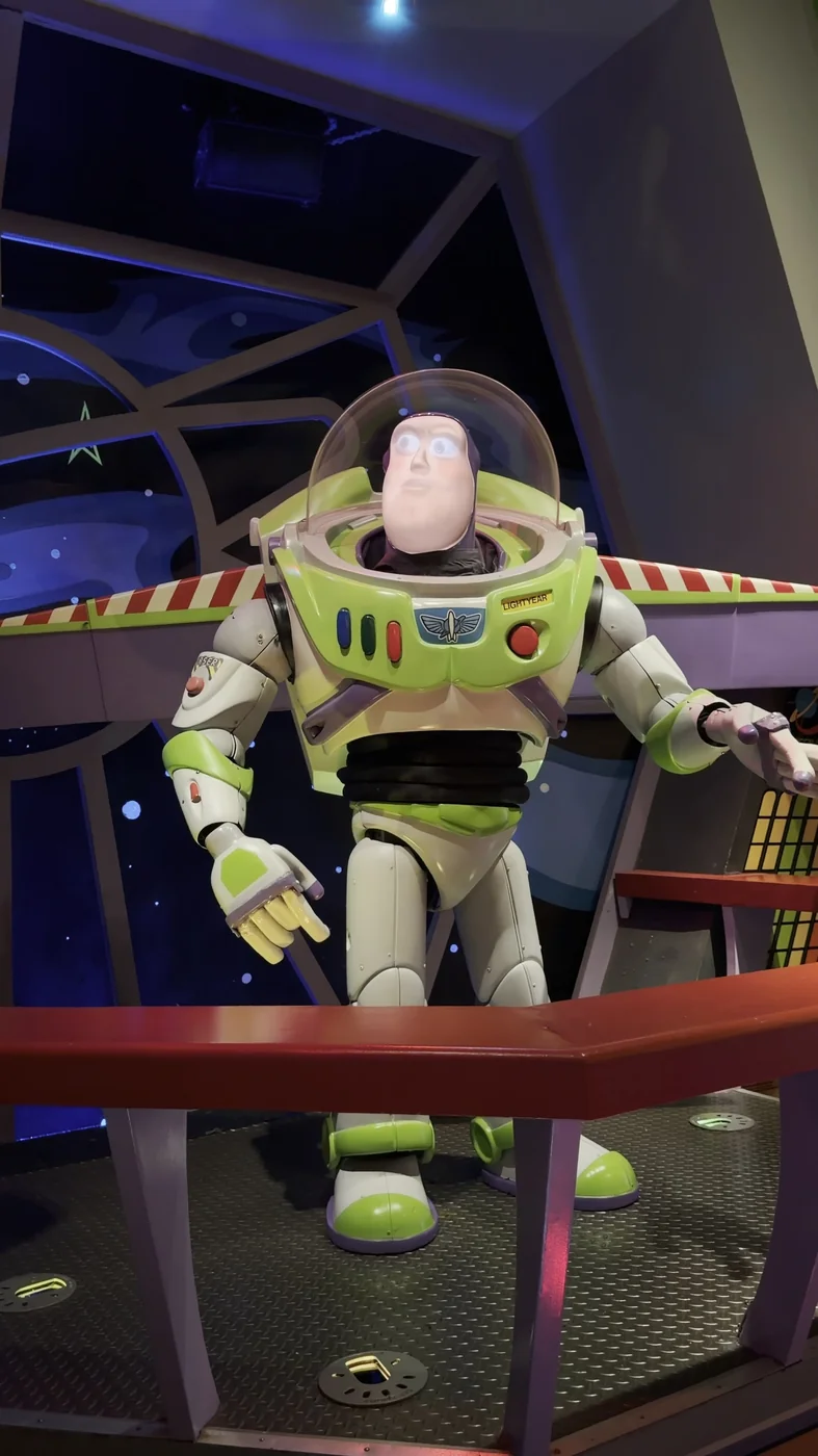 Buzz Lightyear figure in the pre-show area for Buzz Lightyear’s Space Ranger Spin