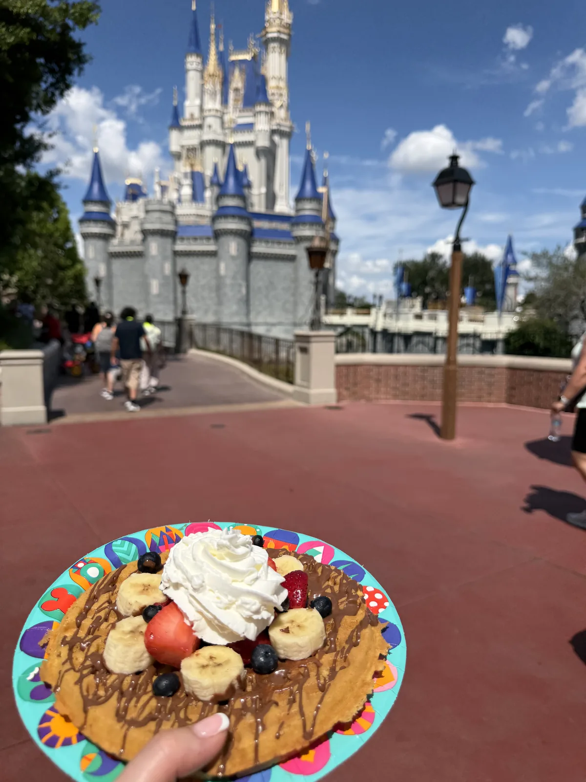 A waffle with fruit and cream, with Cinderella Castle beyond