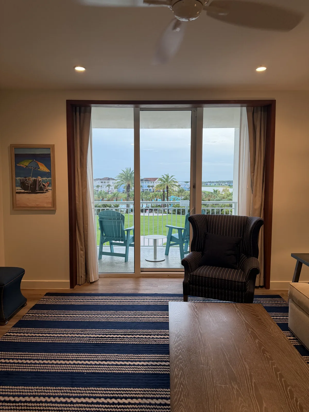 A Margaritaville hotel room looking towards its balcony