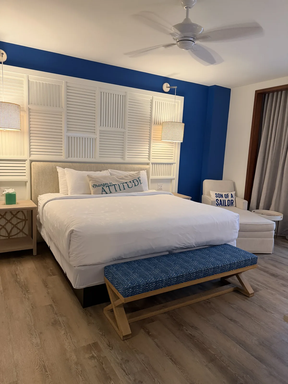 A blue-and-white bedroom at Margaritaville Resort Orlando