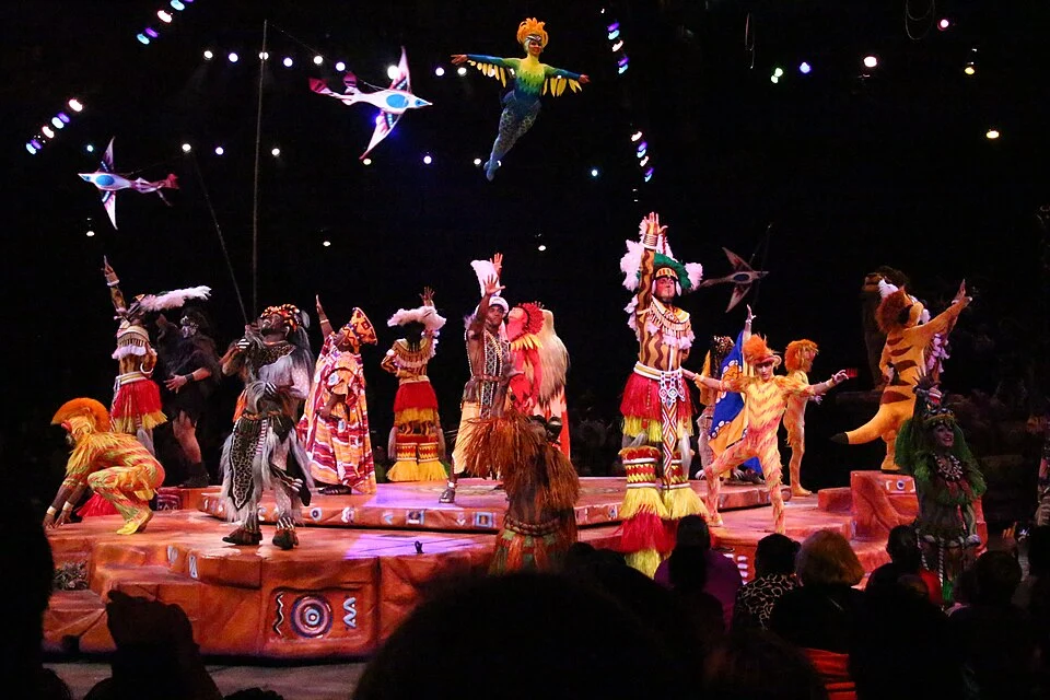 Performers on stage during the Festival of the Lion King finale at Disney’s Animal Kingdom