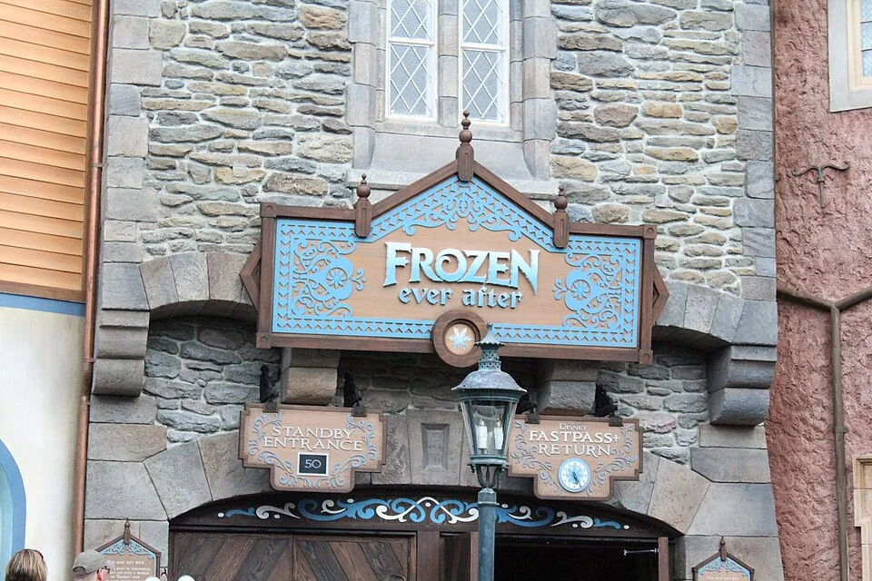 Frozen Ever After entrance sign on the Norway Pavilion building at EPCOT