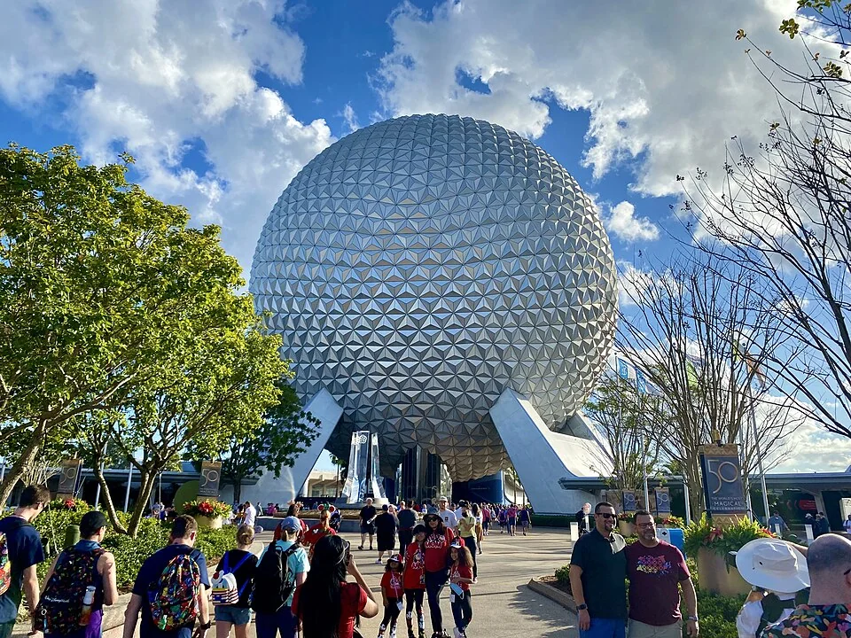 Spaceship Earth above the EPCOT entrance plaza