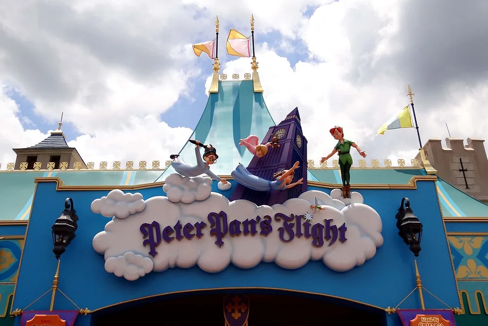 The Peter Pan’s Flight entrance sign and flying pirate ship at Magic Kingdom.